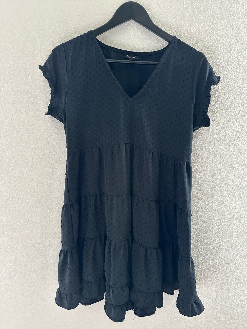 Textured Black Tiered V-Neck Mini Dress